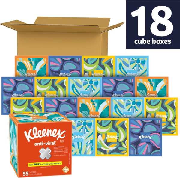 Anti-Viral Facial Tissues, Classroom or Office Tissue, 18 Cube Boxes, 55 Tissues per Box, 3-Ply (990 Total Tissues) - Image 2