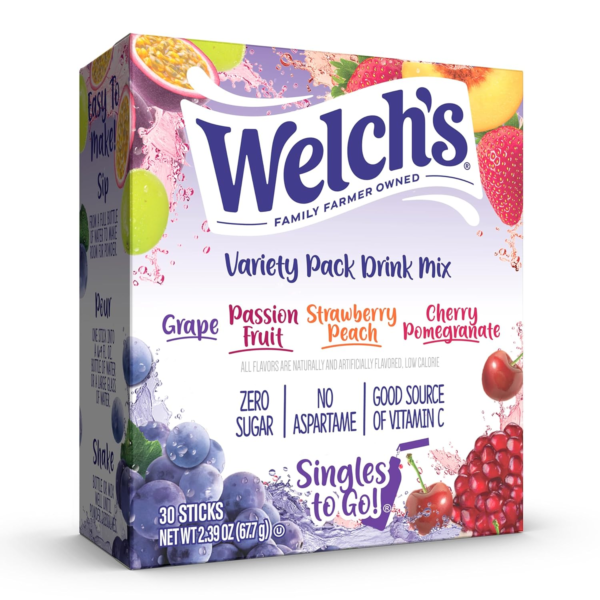 Welch's Singles To Go Variety Pack, Watertok Powdered Drink Mix, Includes 4 Flavors, Grape, Passion fruit, Strawberry Peach, Cherry Pomegranate, 1 Box (30 Servings) - Image 2