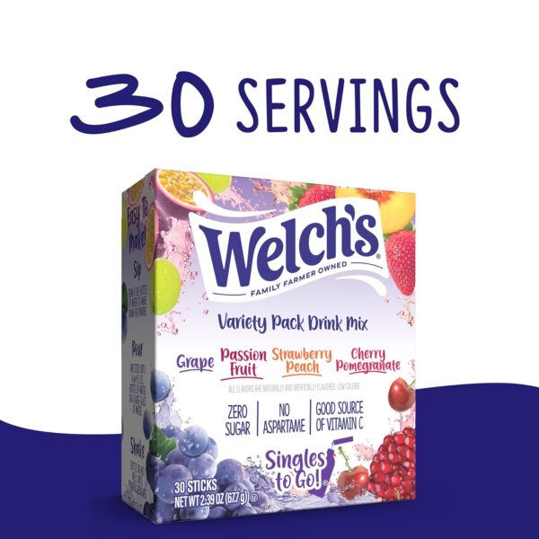 Welch's Singles To Go Variety Pack, Watertok Powdered Drink Mix, Includes 4 Flavors, Grape, Passion fruit, Strawberry Peach, Cherry Pomegranate, 1 Box (30 Servings) - Image 6